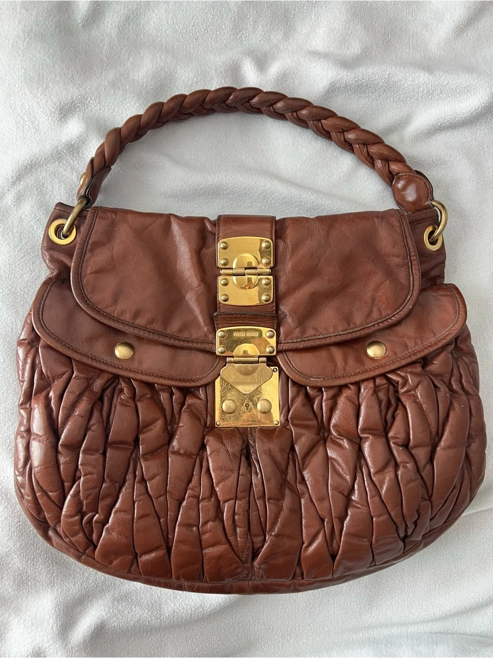 Miu Miu Cognac Braided-Handle Hobo with Gold Hardware